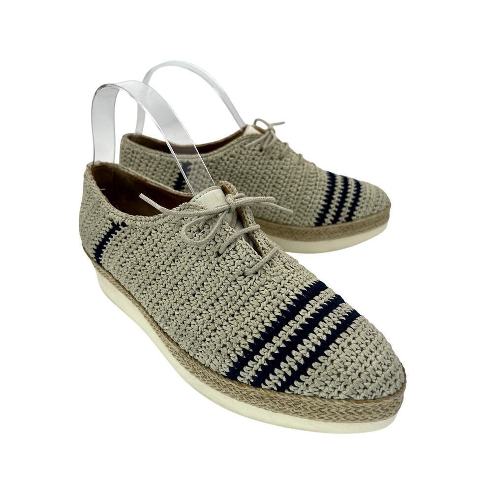 Coclico Paddle Oxford Shoe Lace Up Crochet Stripe Platform Taupe Blue 39